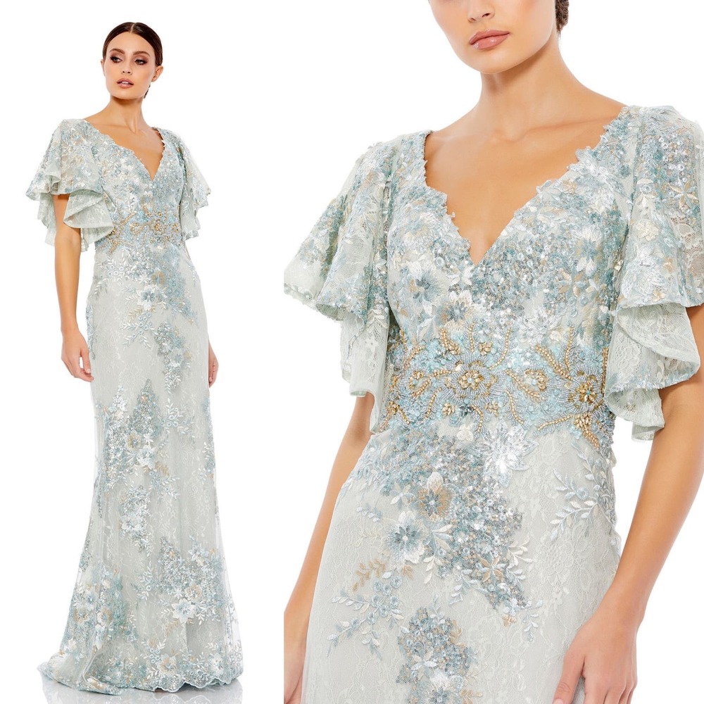 NEW $698 MAC DUGGAL 67842  SEAFOAM FLORAL EMBELLISHED BELL SLEEVE GOWN Size 10